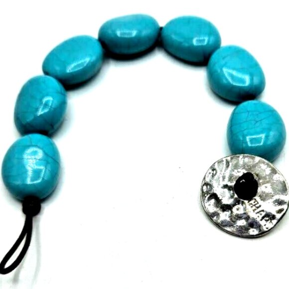 Signed Chaps Bracelet Teal Blue Button Irregular Faux Turquoise Gemstone Sz 8" - Picture 4 of 4